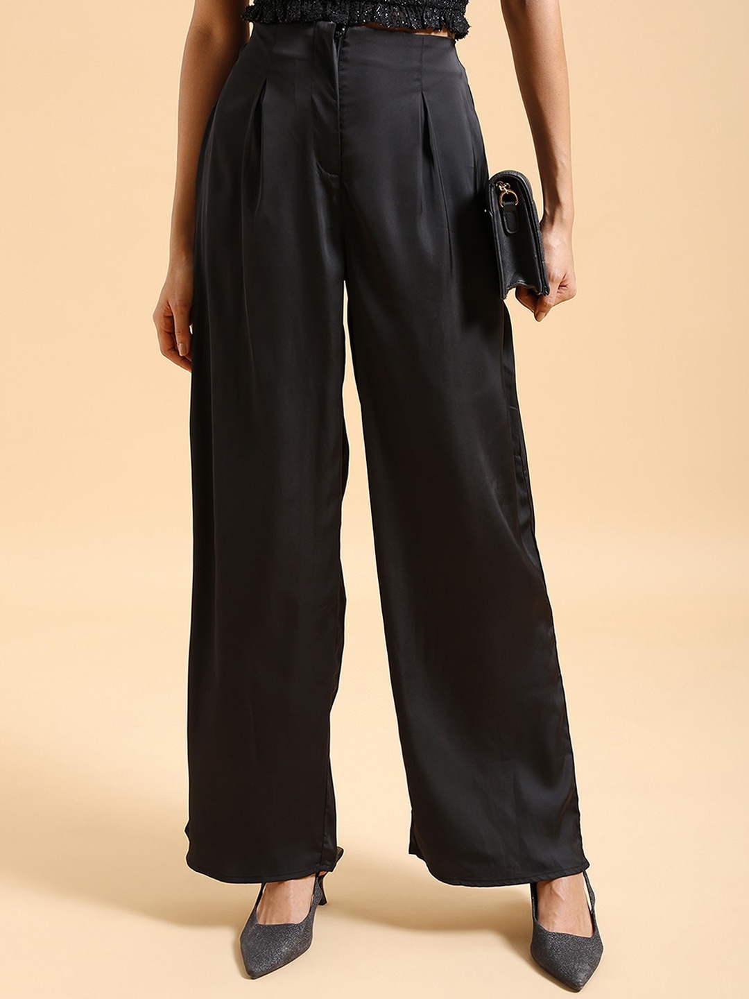 

Tokyo Talkies Women Black Flared Parallel Trousers