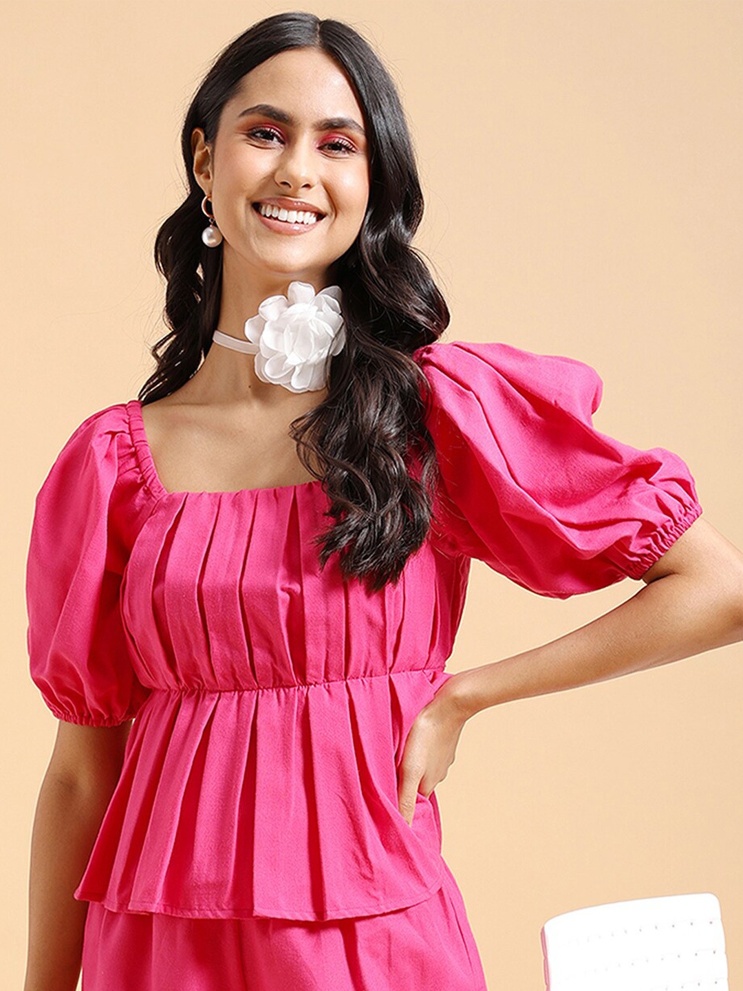

Tokyo Talkies Pink Puff Sleeves Gathered or Pleated Empire Top