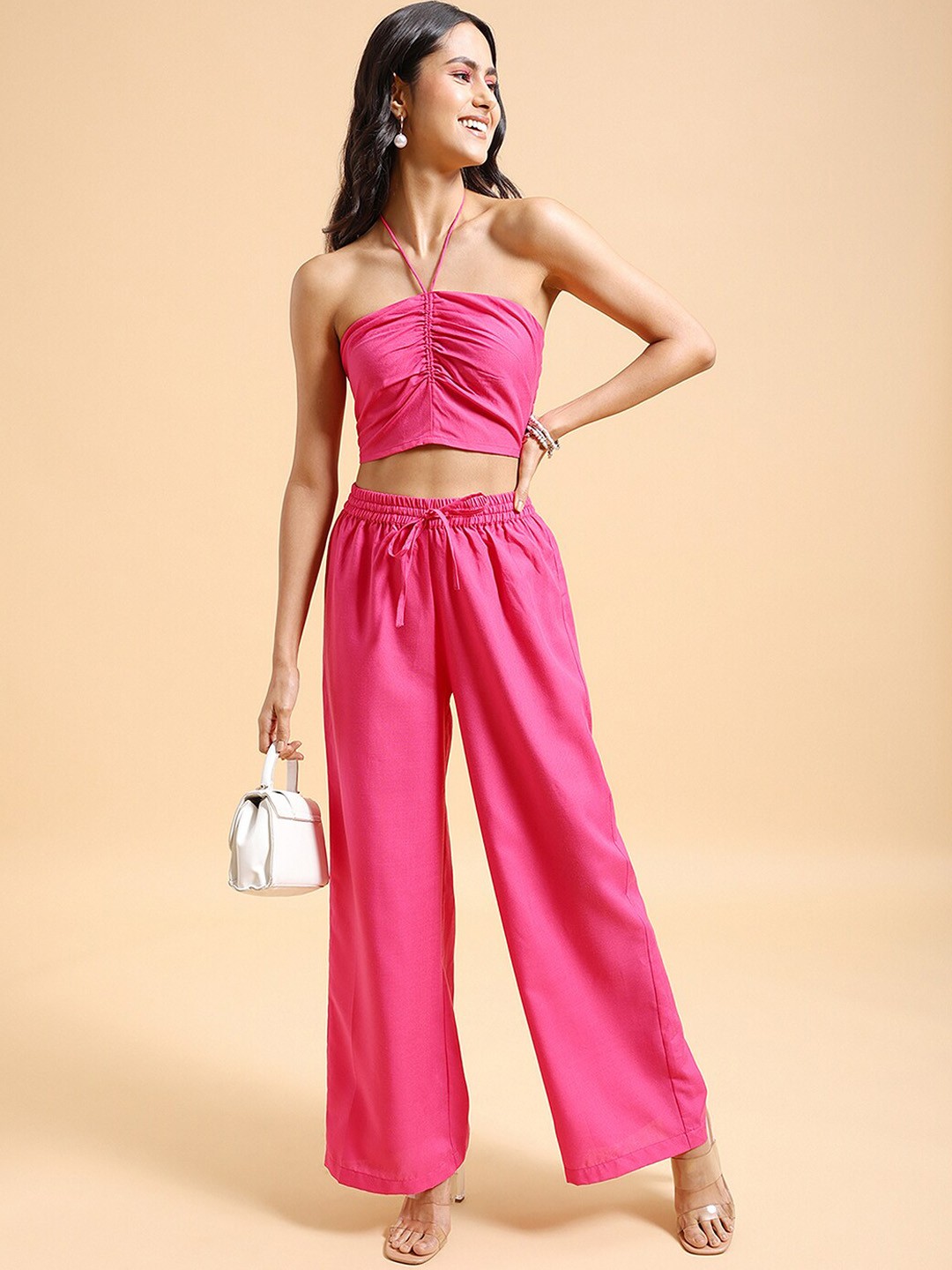 

Tokyo Talkies Halter Neck Crop Top With Palazzos, Pink