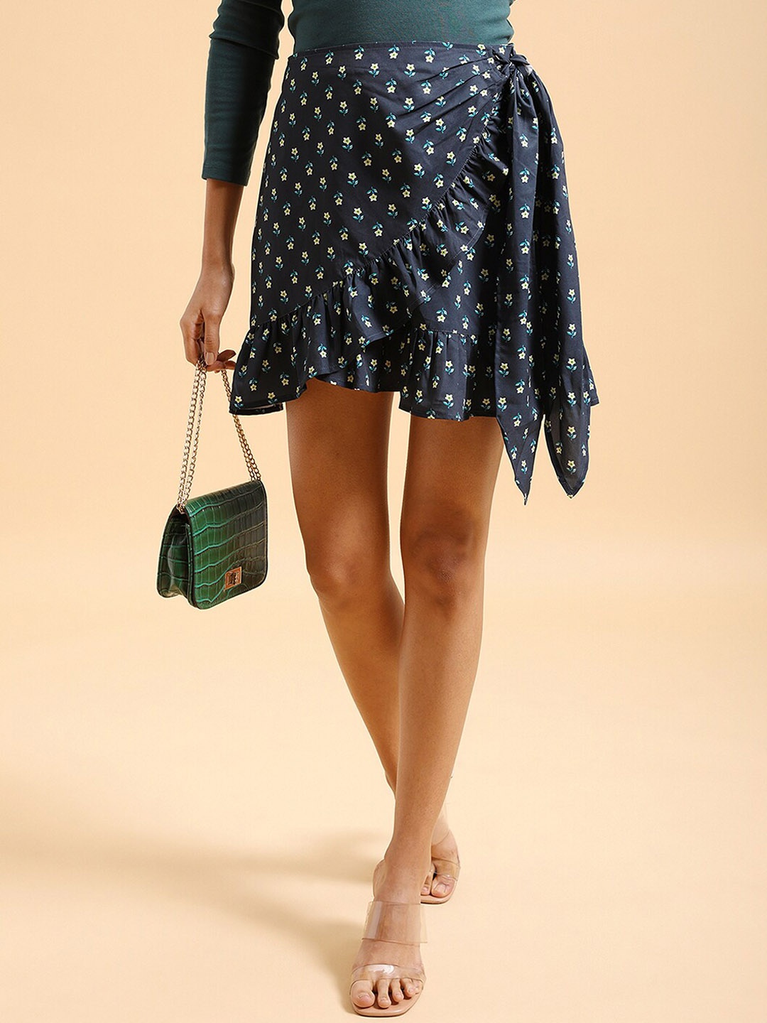 

Tokyo Talkies Navy Blue Floral Printed Mini Wrap Skirt