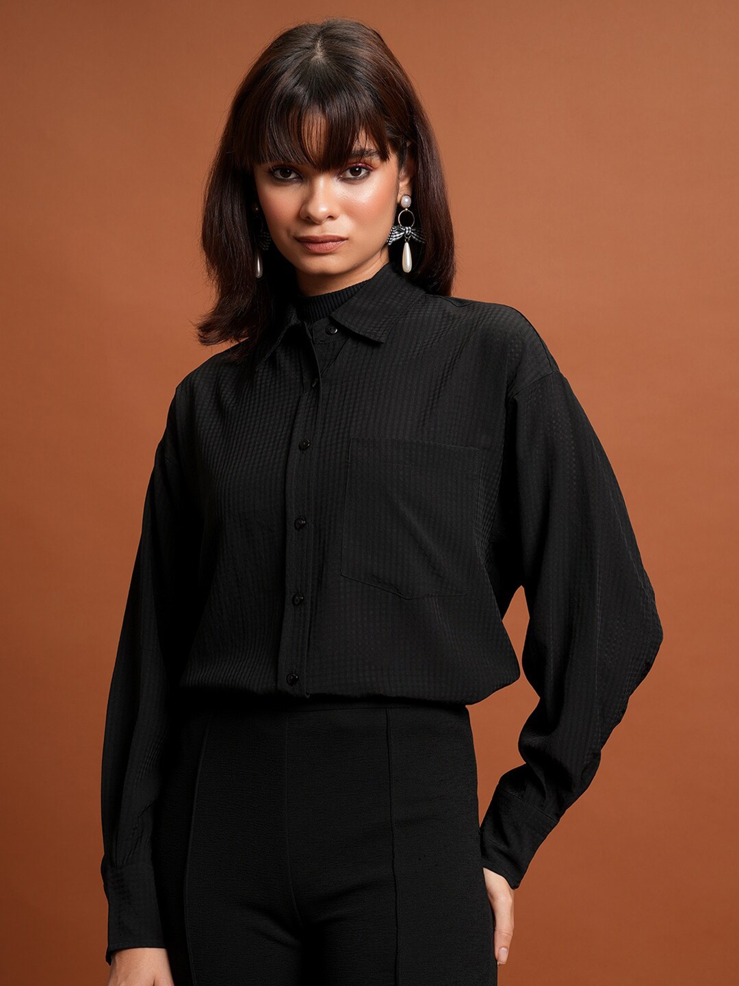 

Tokyo Talkies Black Vertical Striped Drop Shoulder Oversized Casual Shirt