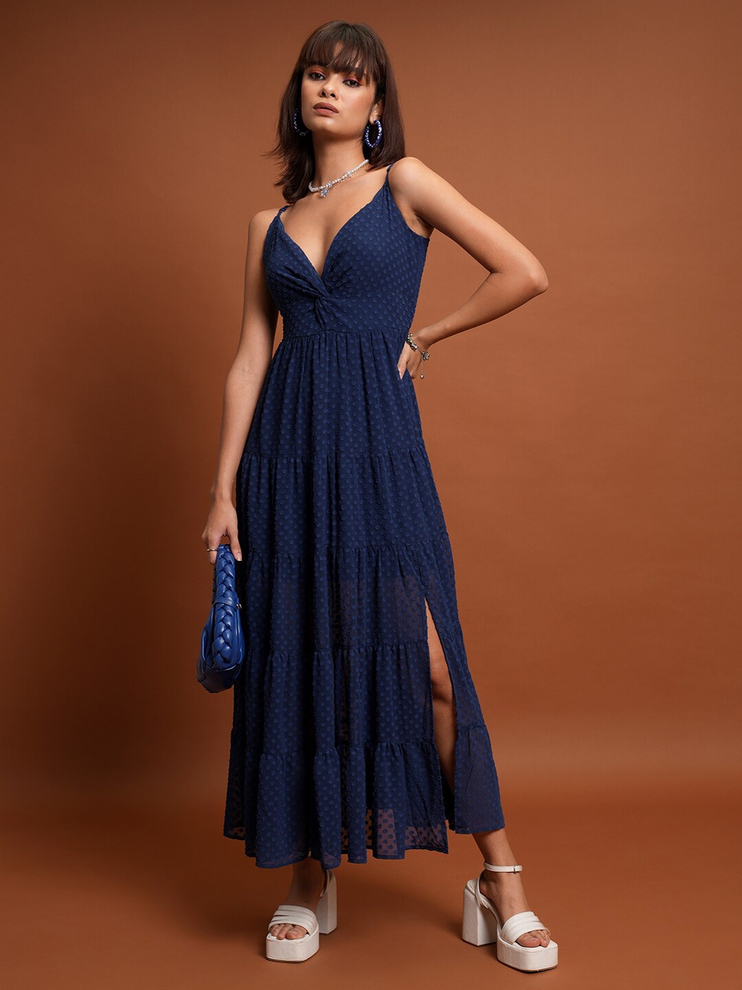 

Tokyo Talkies Navy Blue Self Design Twisted Front Shoulder Straps Tiered A-Line Maxi Dress