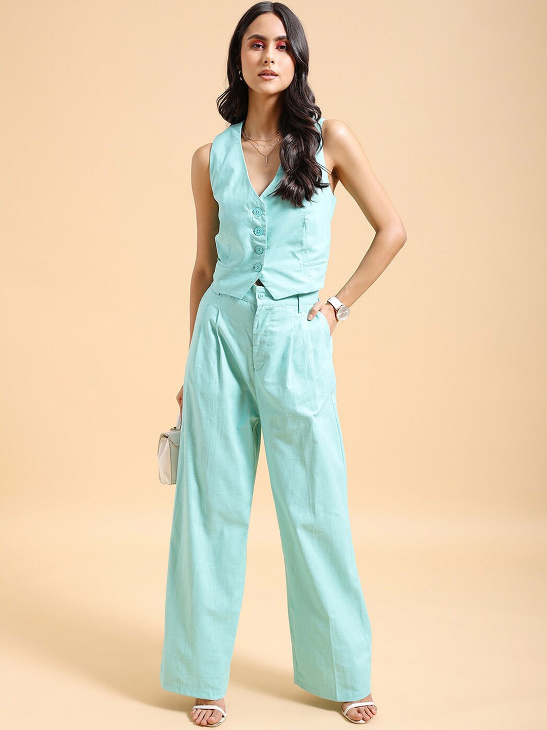 

Tokyo Talkies Cropped Waistcoat With Trousers, Blue