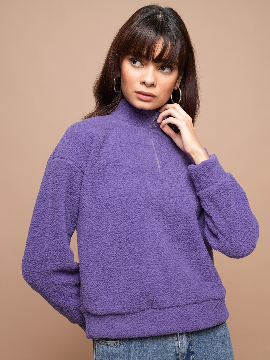

Tokyo Talkies Purple Mock Collar Relaxed Drop Shoulder Sleeves Sweatshirt