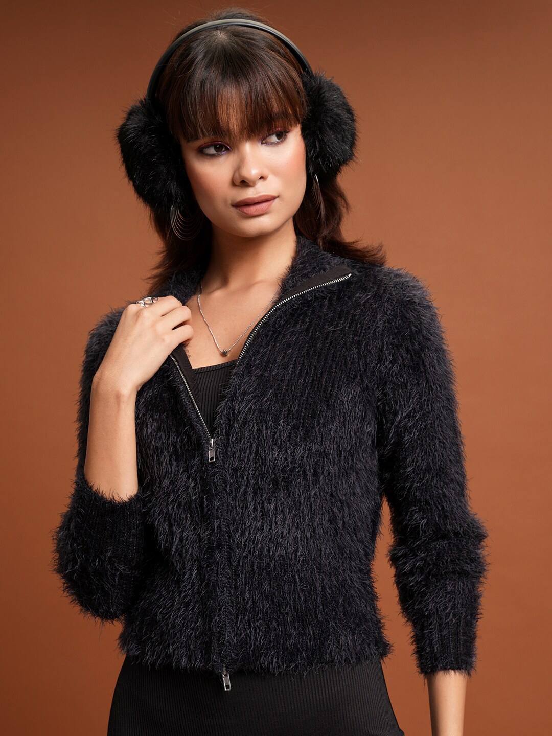 

Tokyo Talkies Boucle Front-Open Sweater, Black