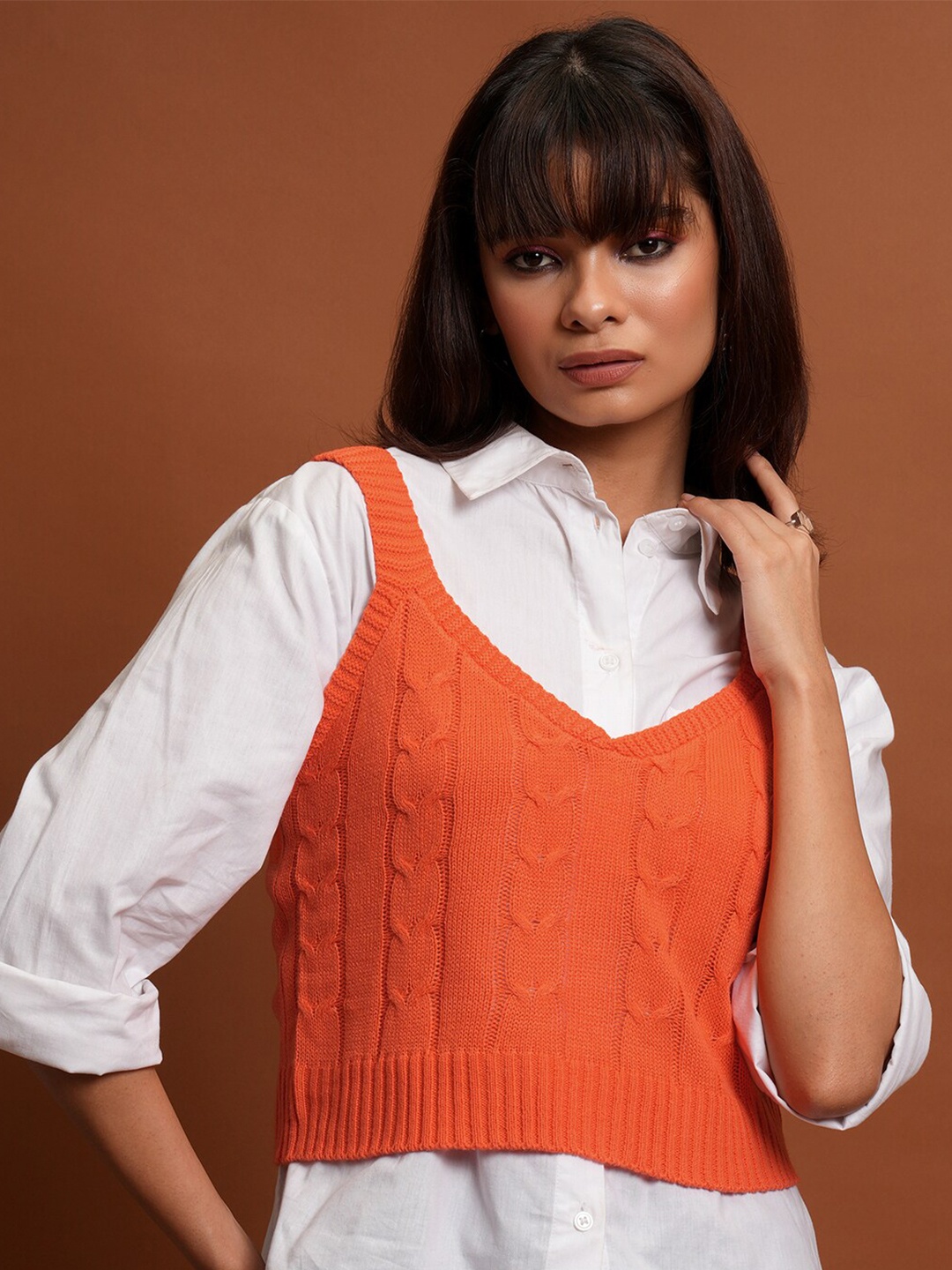 

Tokyo Talkies V-Neck Cable Knit Crop Pullover Sweater, Orange