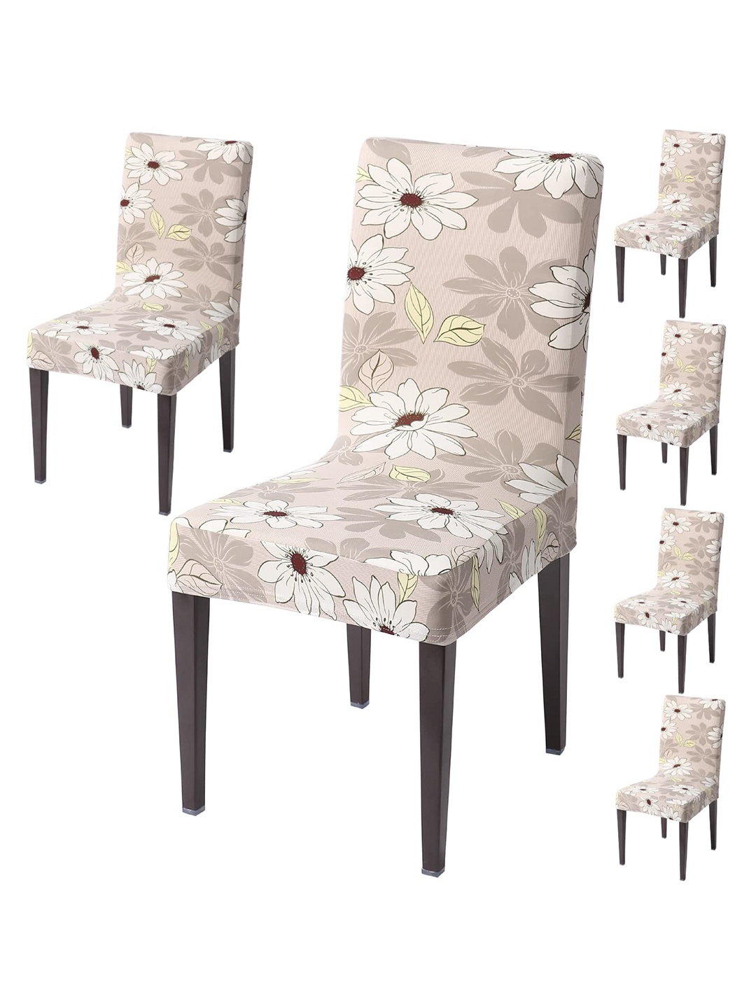 

HOKIPO Beige & White 6 Piece Floral Stretchable Chair Covers