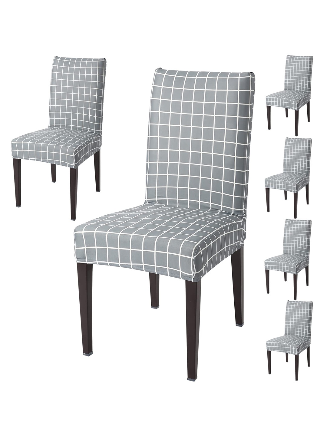 

HOKIPO Grey & White 6 Pieces Checked Stretchable Chair Covers