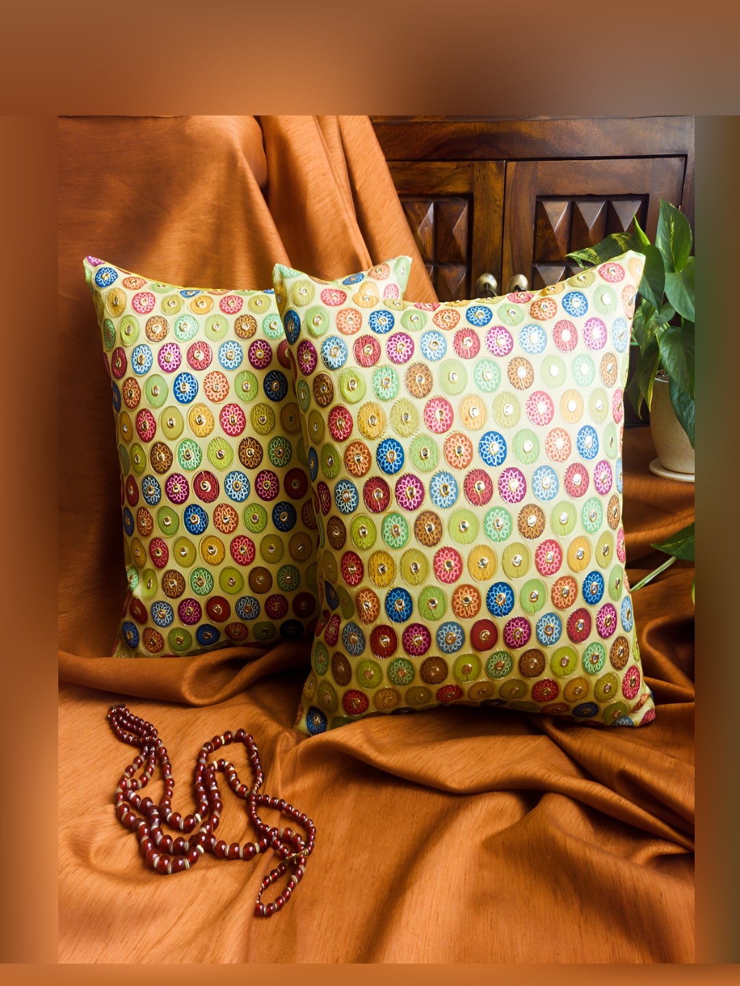 

Frills and More Home Carnival Green Embroidered Silk Square Cushion Covers