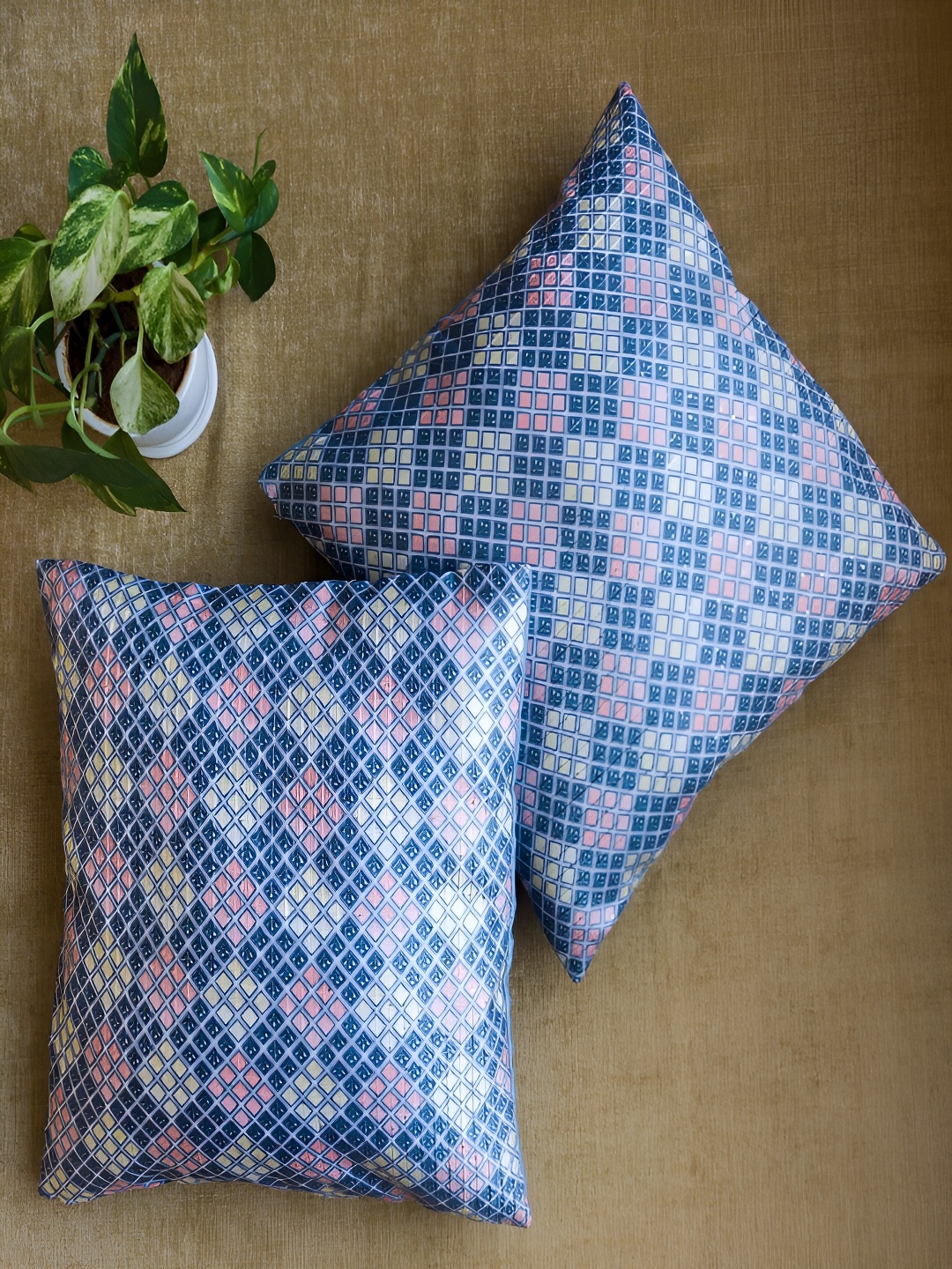 

Frills and More Home Carnival Blue Geometric Print Silk Square Cushion Covers
