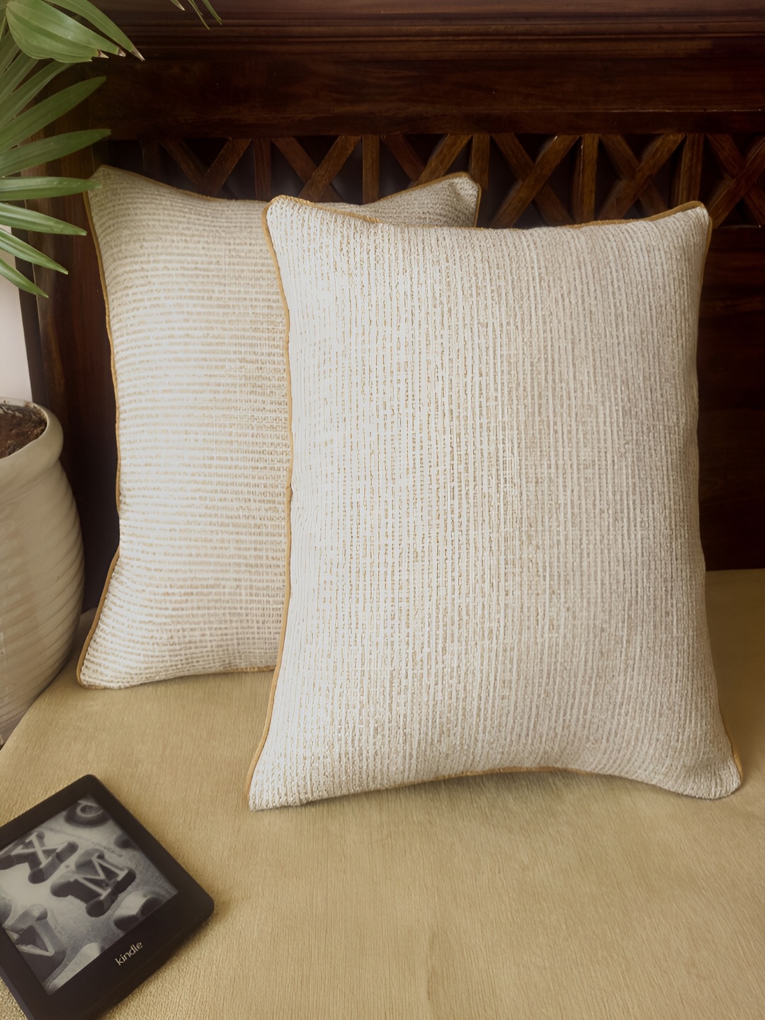 

Frills and More Entwined Beige Self Design Jacquard Square Cushion Covers