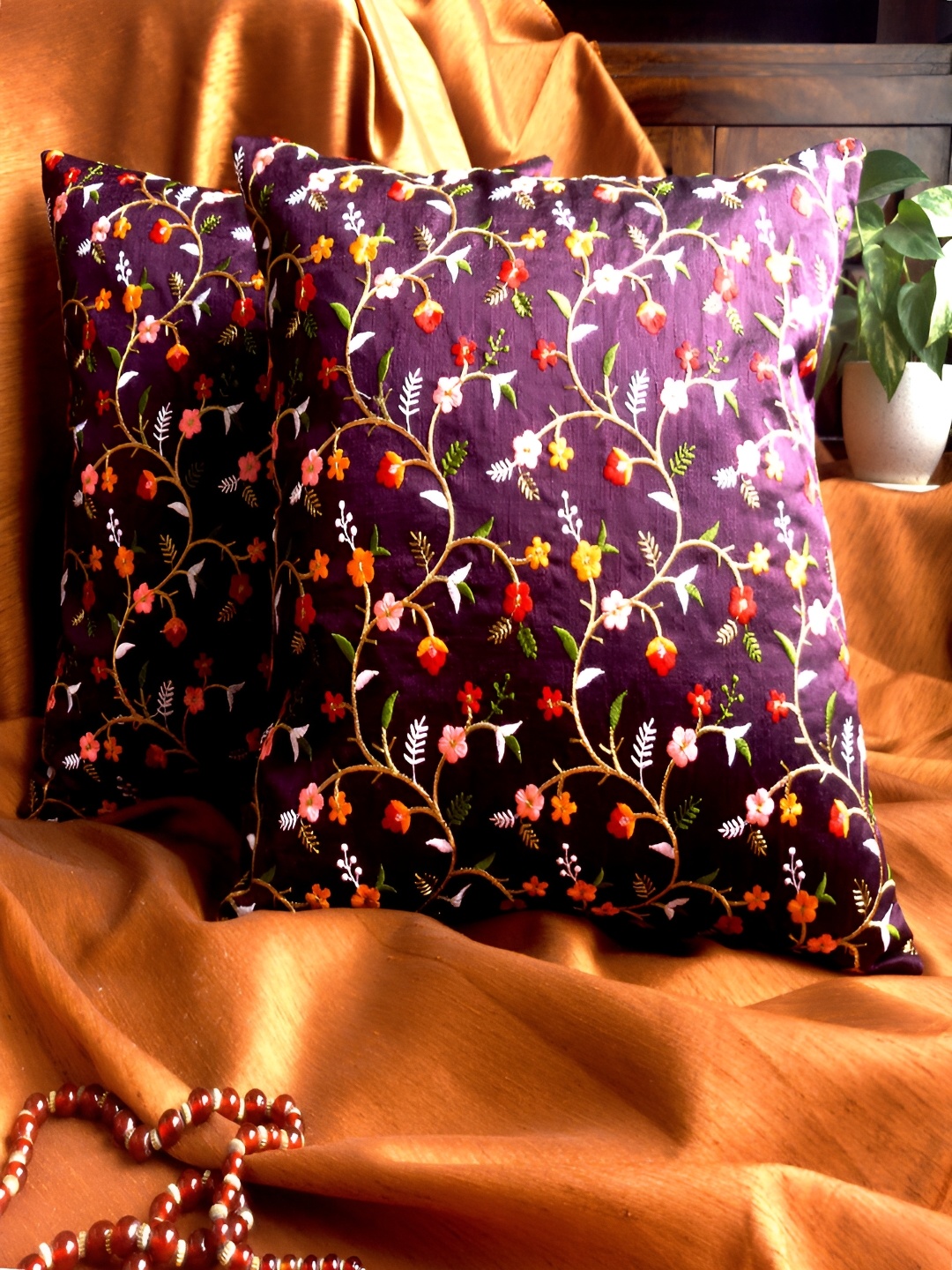 

Frills and More home carnival Voilet & White Embroidered Silk Square Cushion Covers, Violet