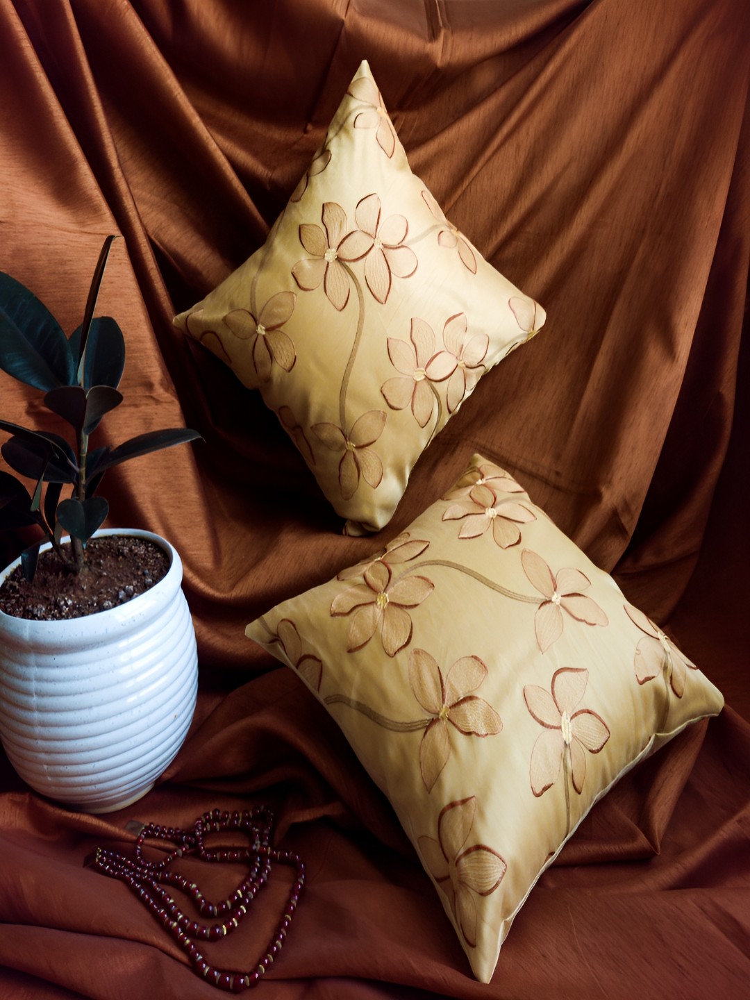 

Frills and More Brown Floral Embroidered Square Cushion Cover