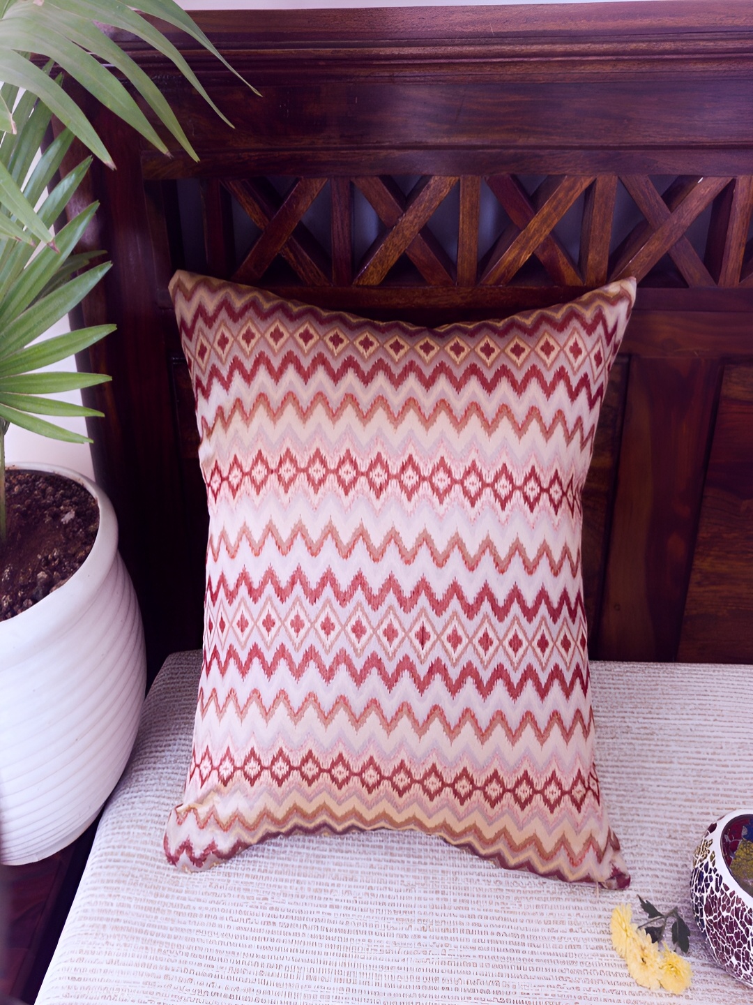 

Frills and More rustic heritage Peach & Maroon Self Design Square Cushion Covers