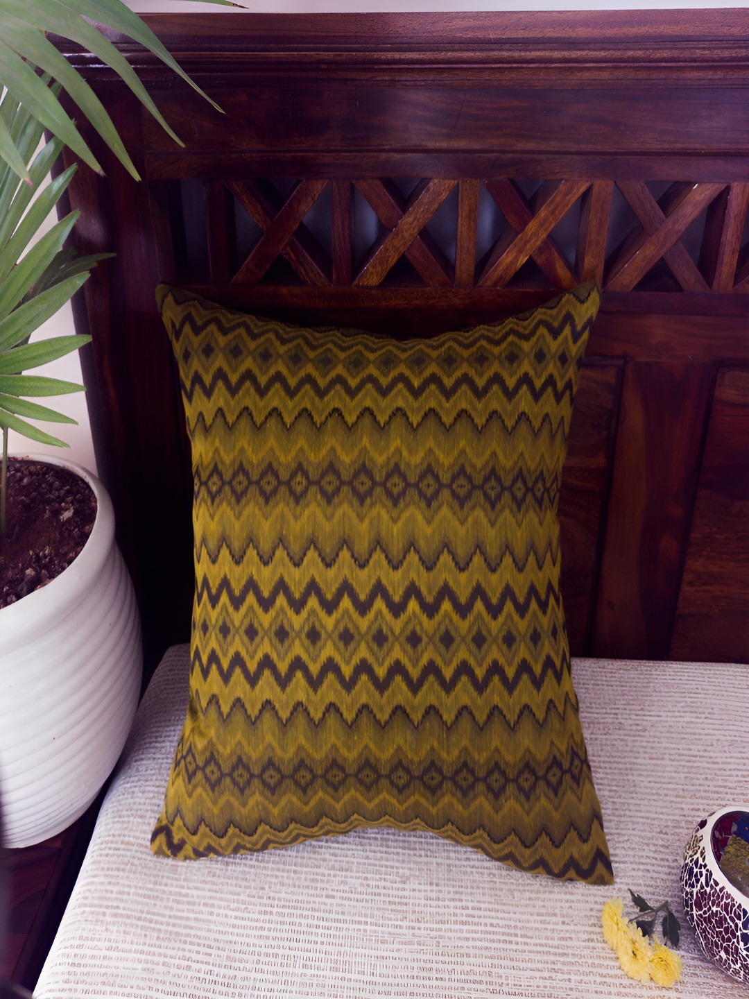 

Frills and More rustic heritage Yellow Self Design Cotton Silk Square Cushion Covers