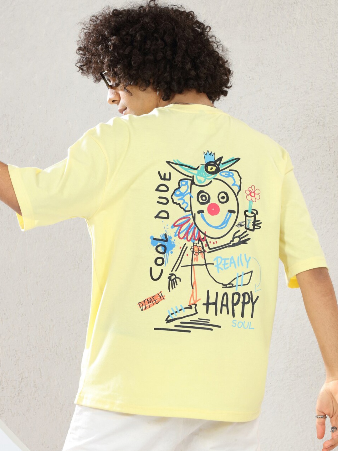 

DIMEH Printed Drop-Shoulder Sleeves Oversized Cotton T-shirt, Yellow