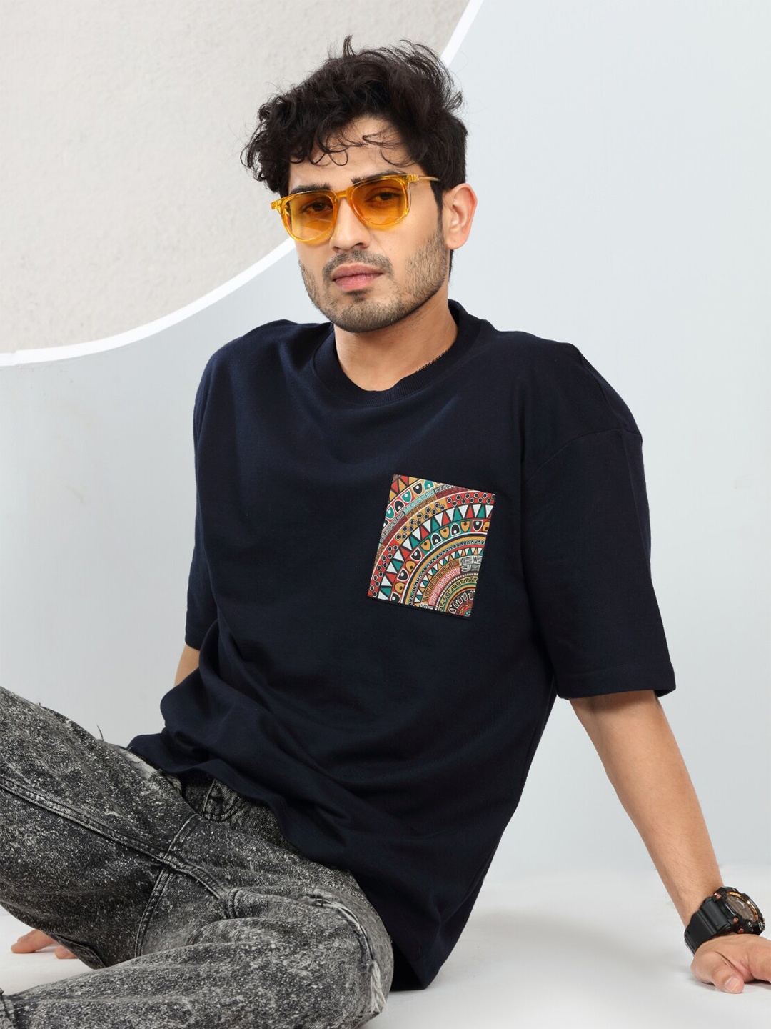 

DIMEH Tribal Printed Oversized Cotton T-shirt, Navy blue