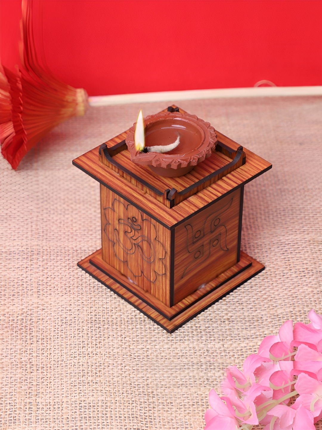 

TEAKWOOD Brown Textured Wooden Tulsi Chaura Diya Stand