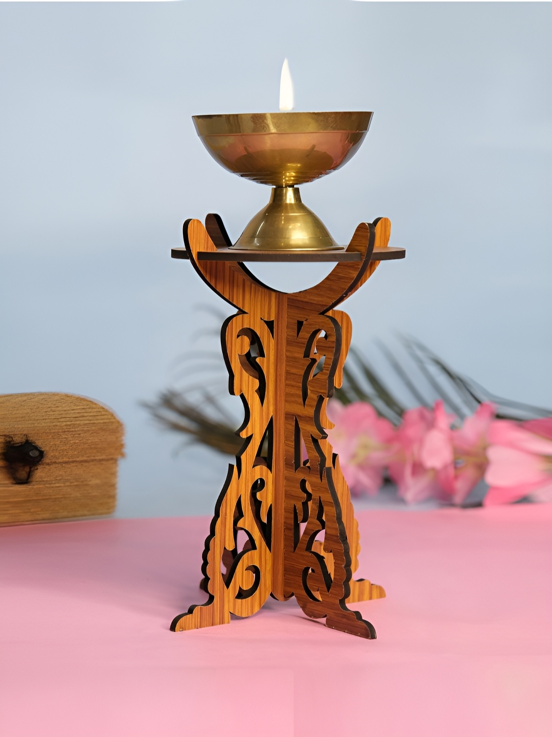 

TEAKWOOD Brown Textured Wooden Diya Stand