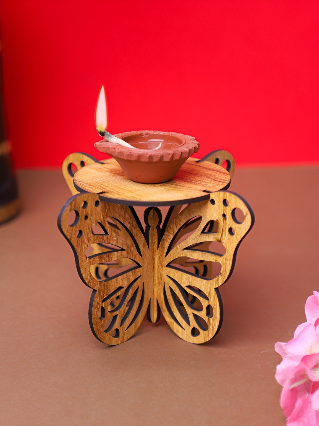 

TEAKWOOD Brown Wooden Butterfly Deepam Stand