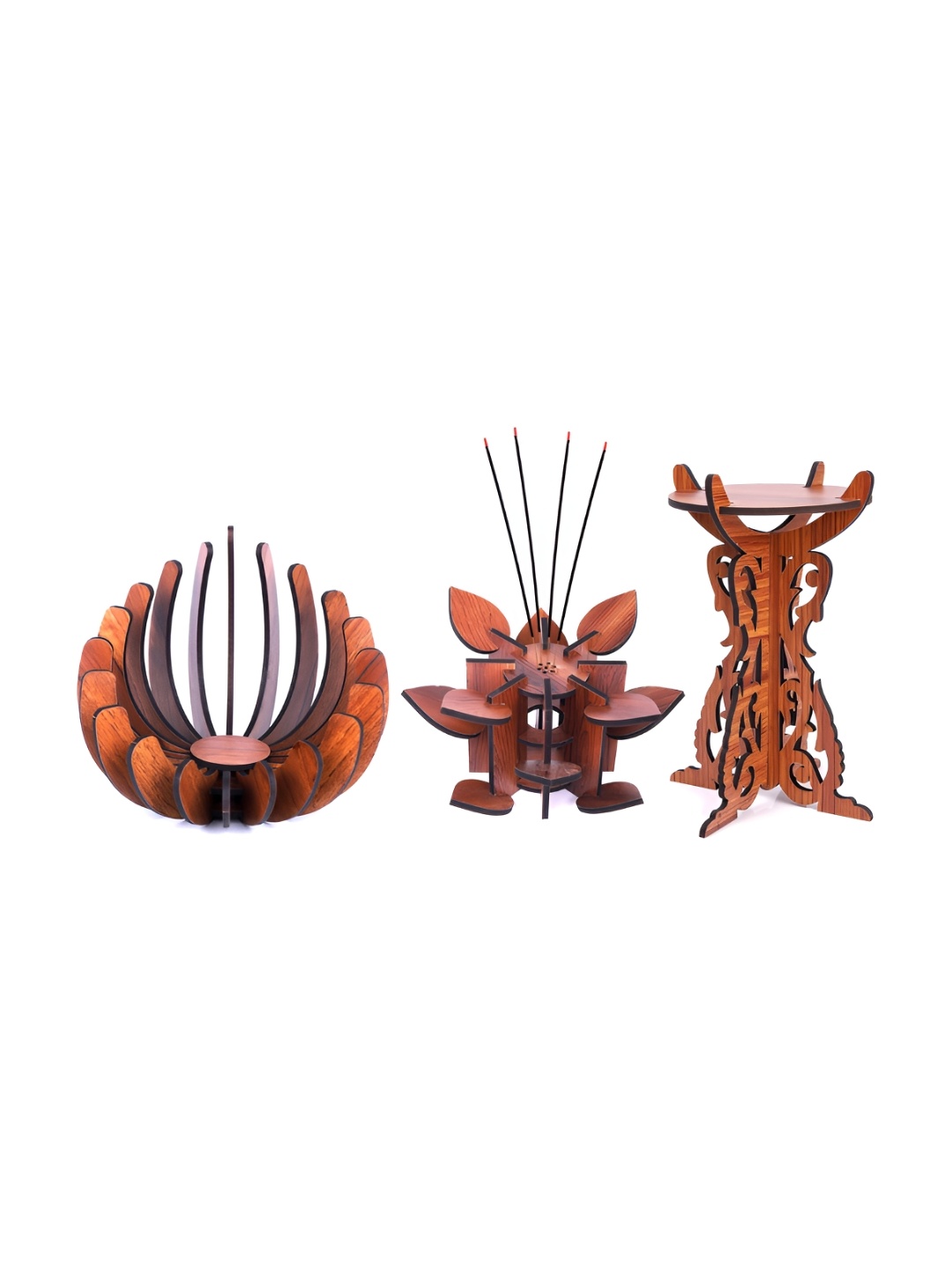 

TEAKWOOD 3 Pieces Brown Wooden Diya & Agarbati Stand