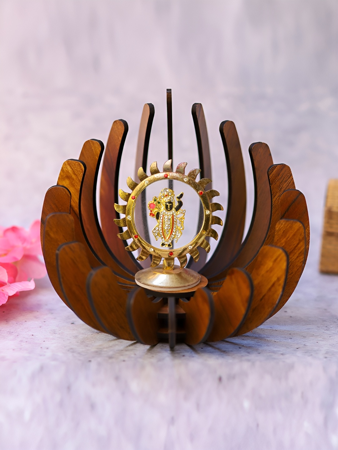 

TEAKWOOD Brown Wooden Flower Shaped Diya Stand