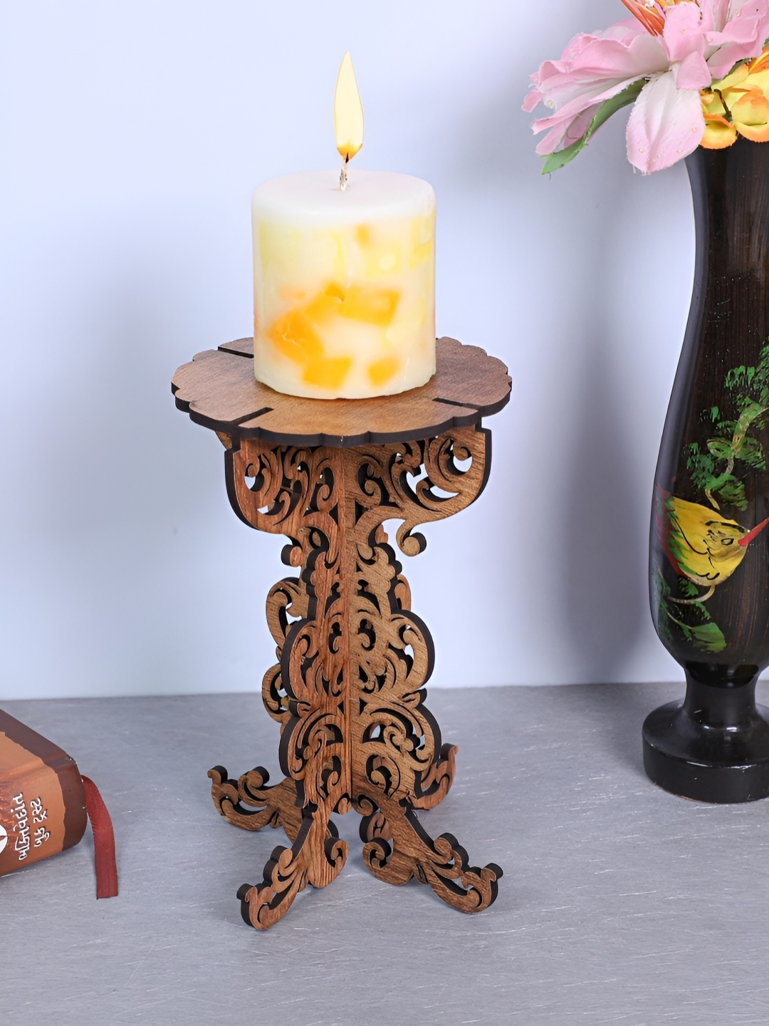 

TEAKWOOD Brown Wooden Diya Stand