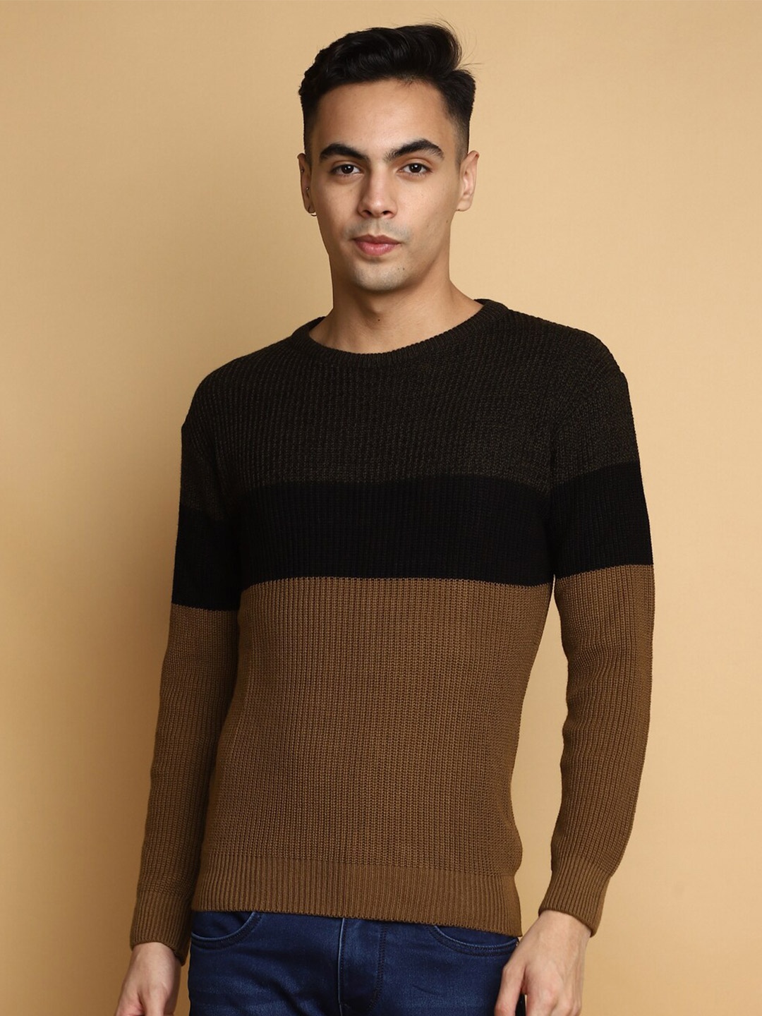 

V-Mart Colourblocked Round Neck Acrylic Pullover, Brown