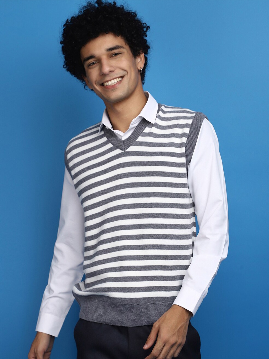 

V-Mart Striped Cotton Sweater Vest, Grey