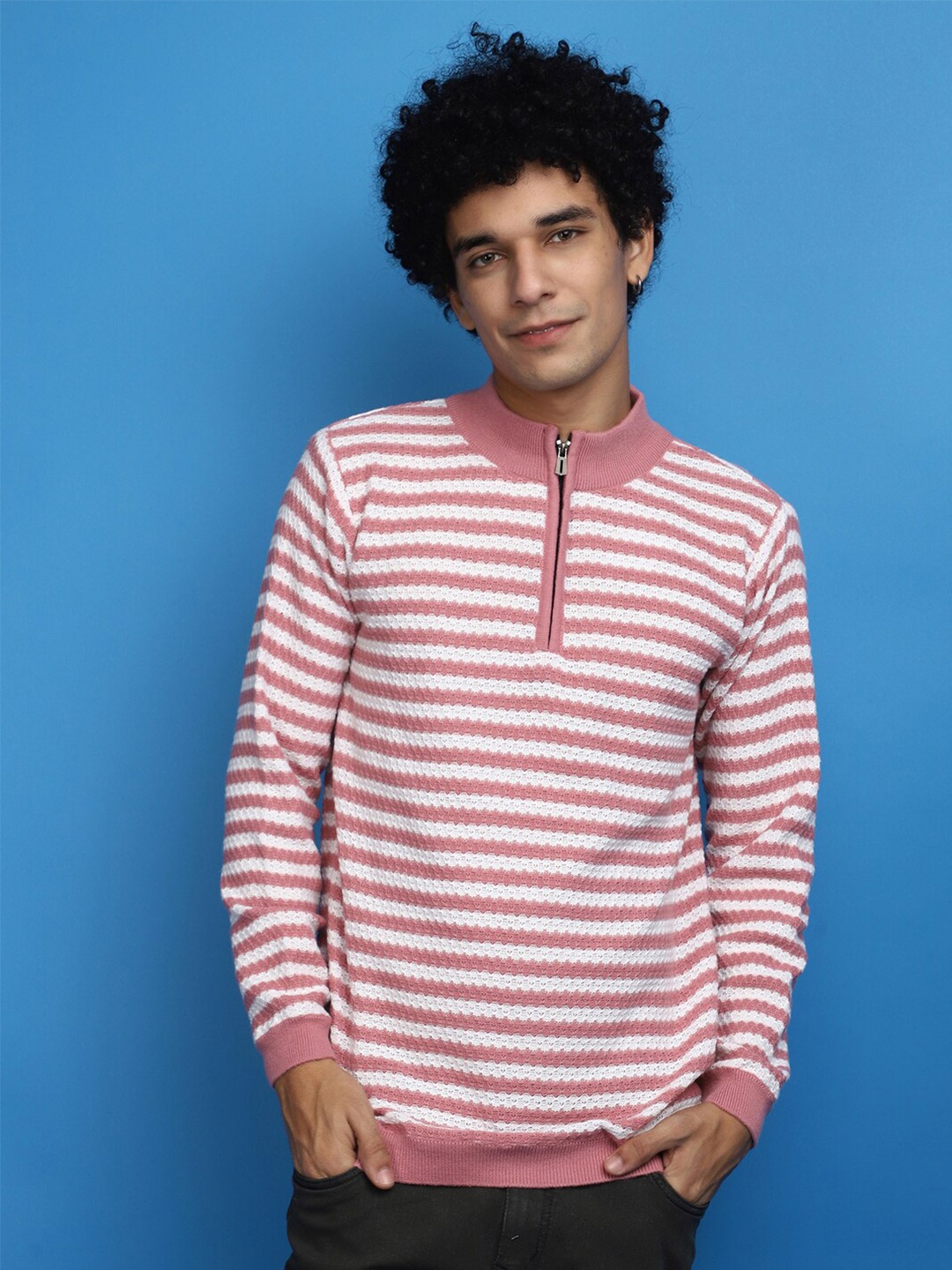 

V-Mart Striped High Neck Cotton Pullover, Pink
