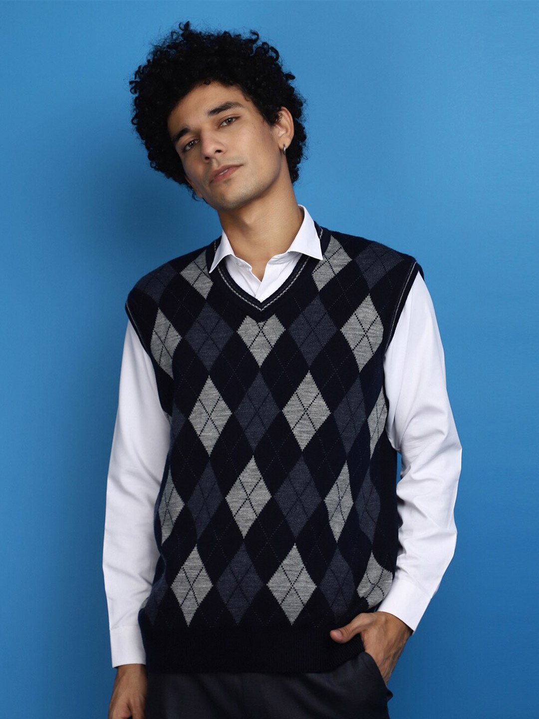 

V-Mart Self Design Geometric Cotton Sweater Vest, Blue