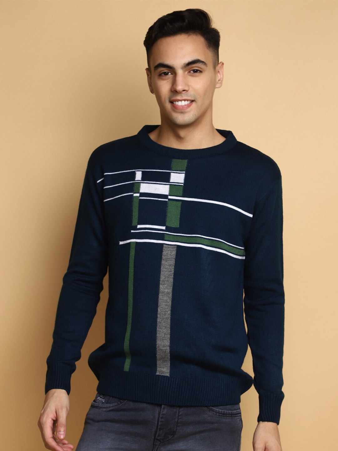 

V-Mart Striped Cotton Pullover Sweater, Blue