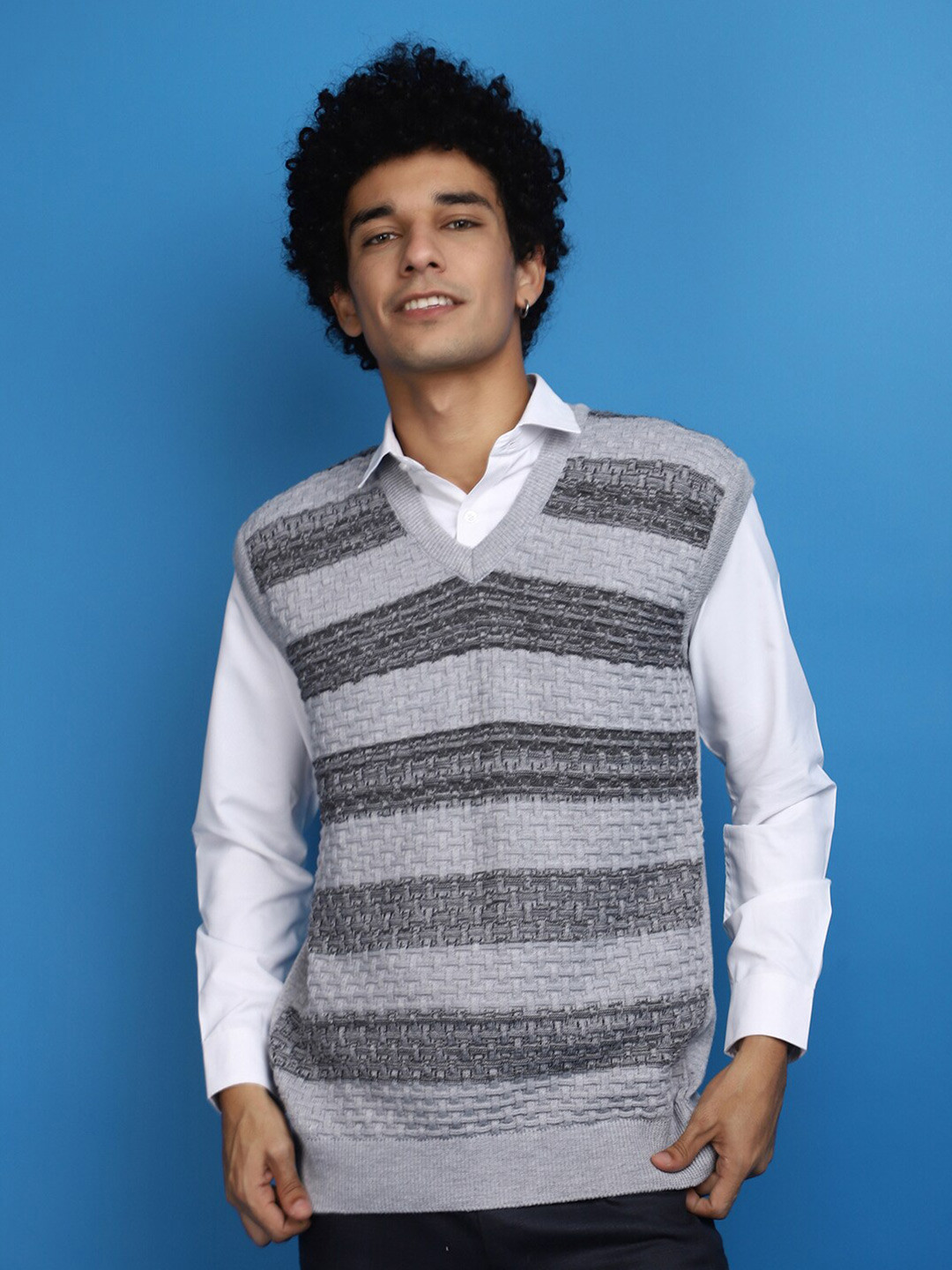 

V-Mart Self Design V-Neck Cotton Sweater Vest, Grey