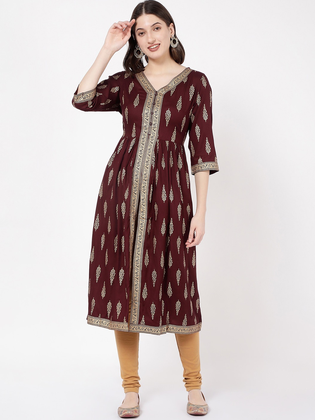 

R&B Ethnic Motifs Printed V-Neck A-Line Kurta, Red