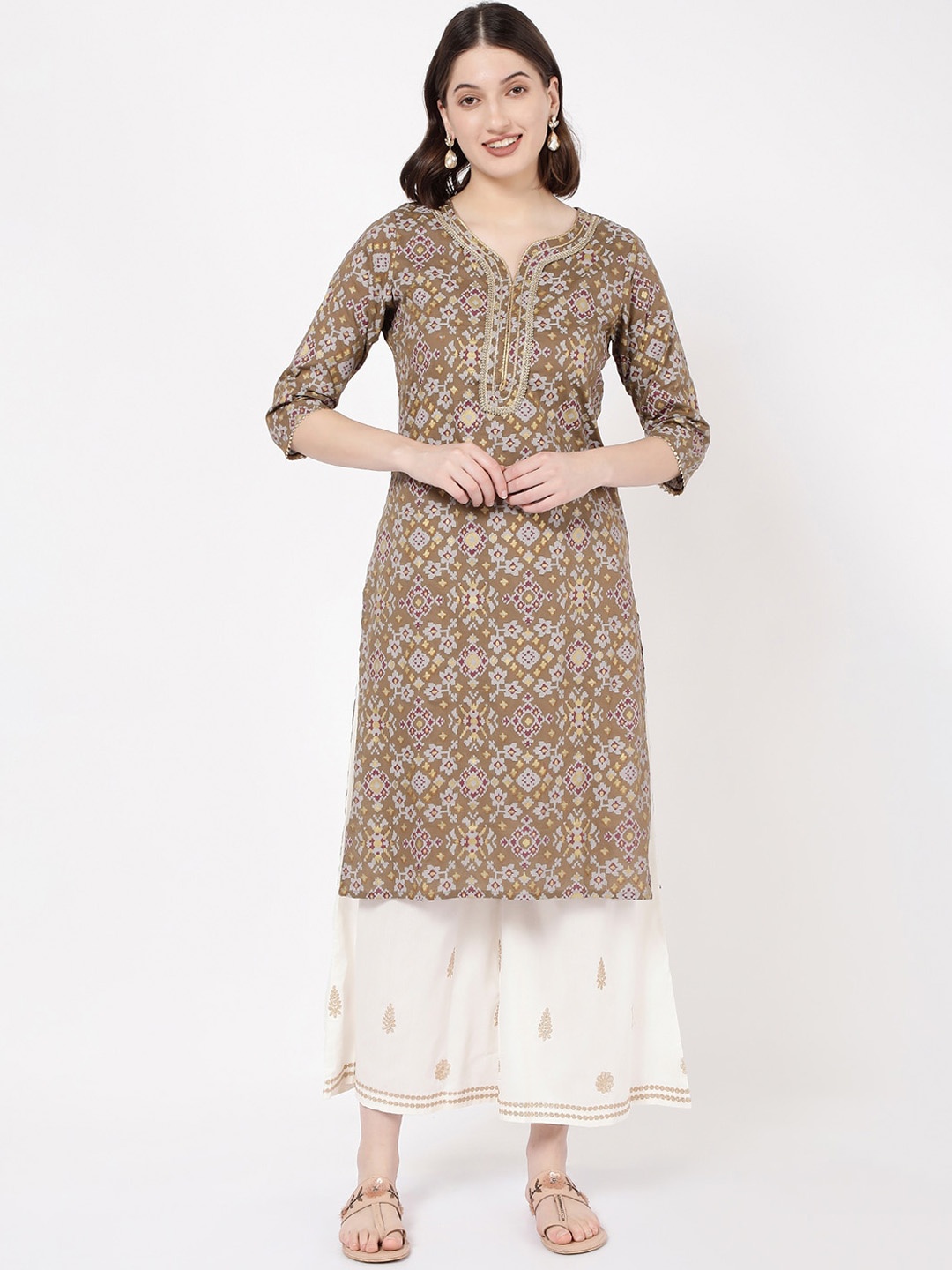 

R&B Ethnic Motifs Printed Notched Neck Straight Kurta, Olive