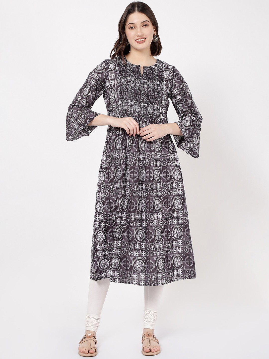 

R&B Geometric Printed Bell Sleeves Smocked Pleated A-Line Pure Cotton Kurta, Black