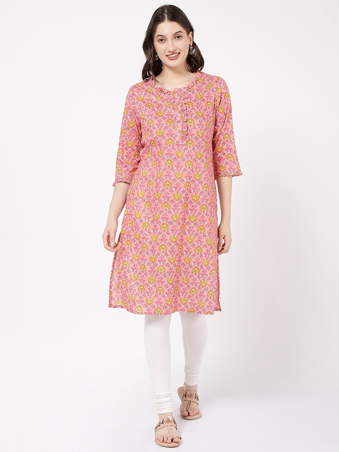 

R&B Ethnic Motifs Printed Ruffled Straight Kurta, Pink