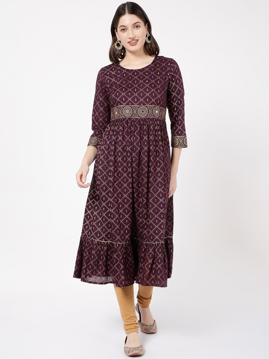 

R&B Ethnic Motifs Printed Mirror Work Plated Anarkali Kurta, Burgundy