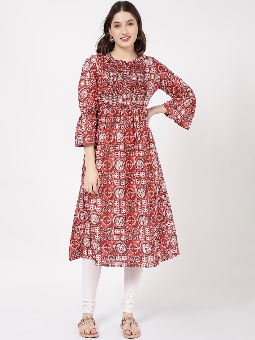 

R&B Geometric Printed Bell Sleeves Smocked Pleated A-Line Pure Cotton Kurta, Brown