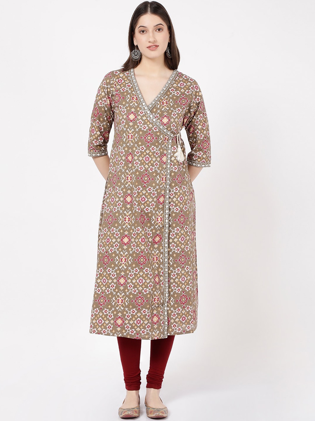 

R&B Ethnic Motifs Printed Mirror Work Pure Cotton Angrakha Kurta, Brown