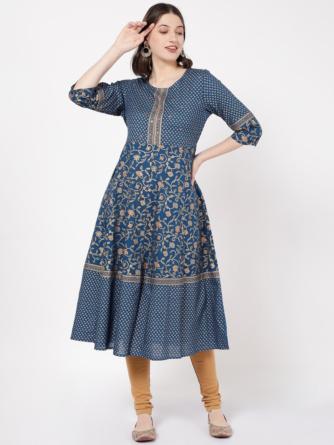 

R&B Ethnic Motifs Printed Sequined Anarkali Kurta, Navy blue