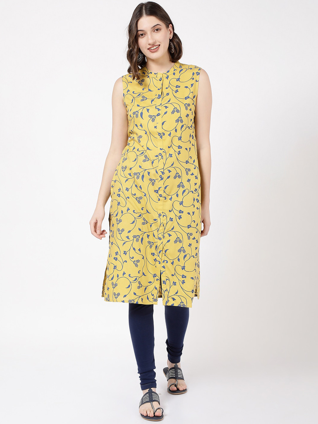 

R&B Floral Printed Mandarin Collar Kurta, Yellow