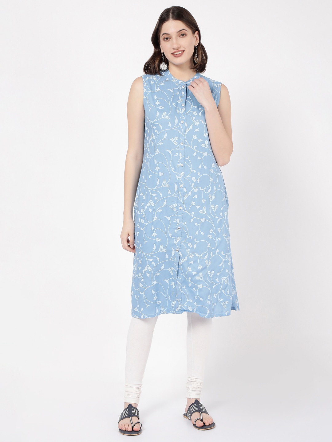 

R&B Floral Printed Mandarin Collar Straight Kurta, Blue