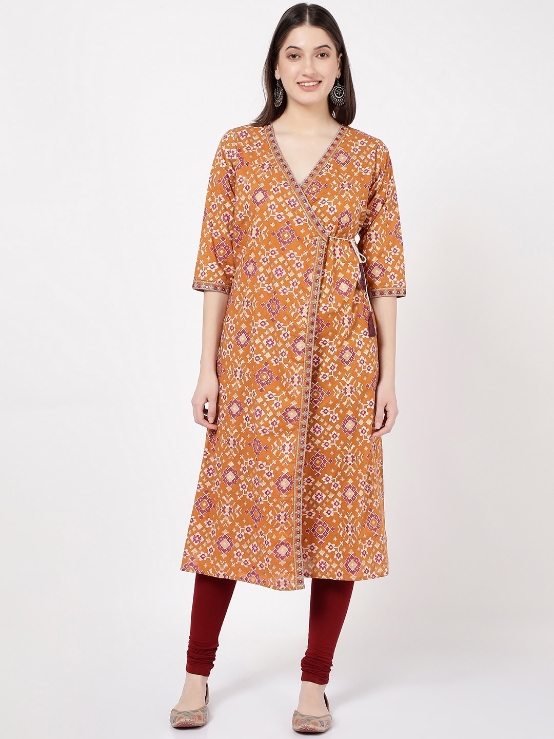 

R&B Ethnic Motifs Printed Cotton Angrakha Kurta, Orange