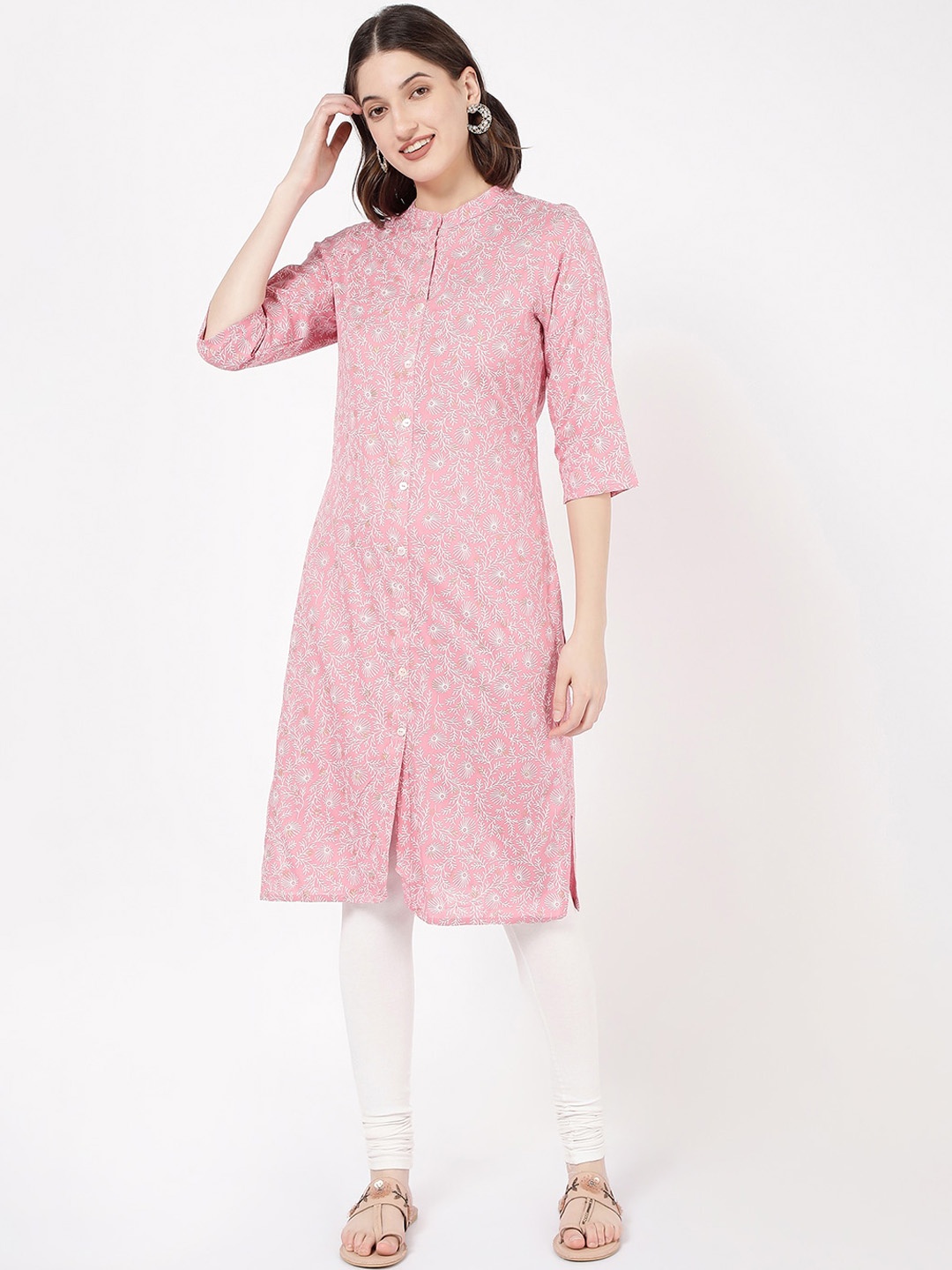 

R&B Floral Printed Mandarin Collar Straight Kurta, Peach