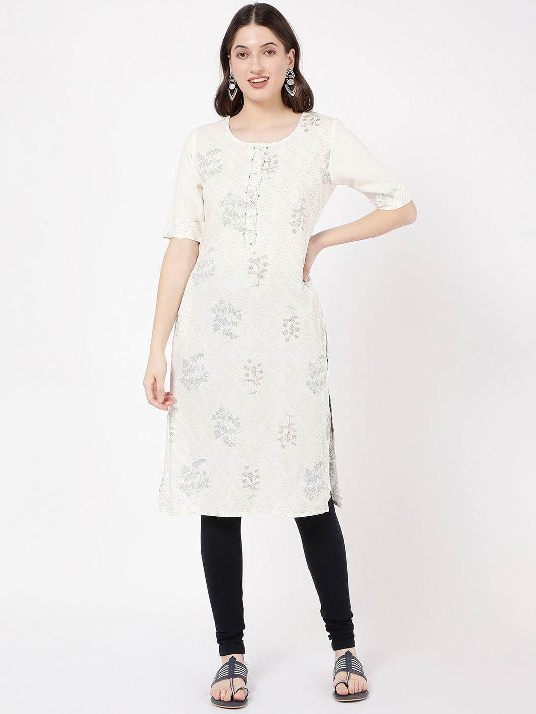 

R&B Ethnic Motifs Printed Round Neck Straight Kurta, Off white