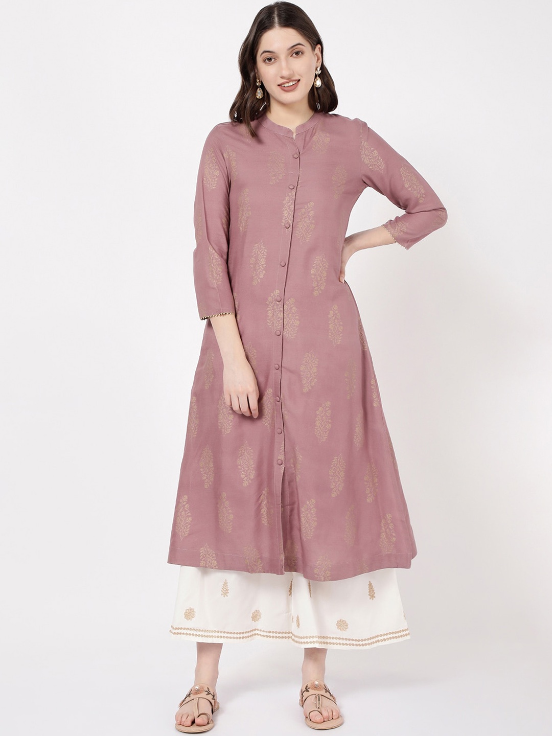 

R&B Ethnic Motifs Printed A-Line Kurta, Mauve