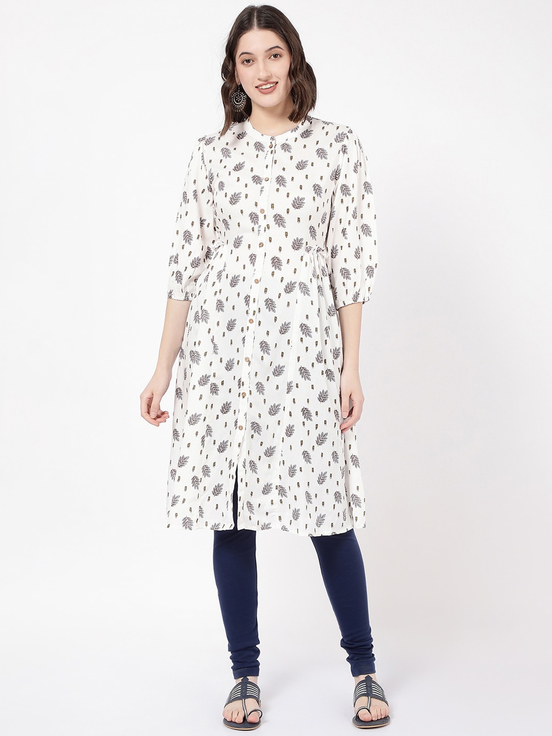 

R&B Floral Printed Pleated pleated A-Line Kurta, White