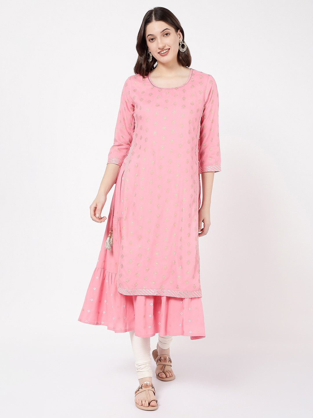 

R&B Ethnic Motifs Printed A-Line Tiered Kurta, Pink