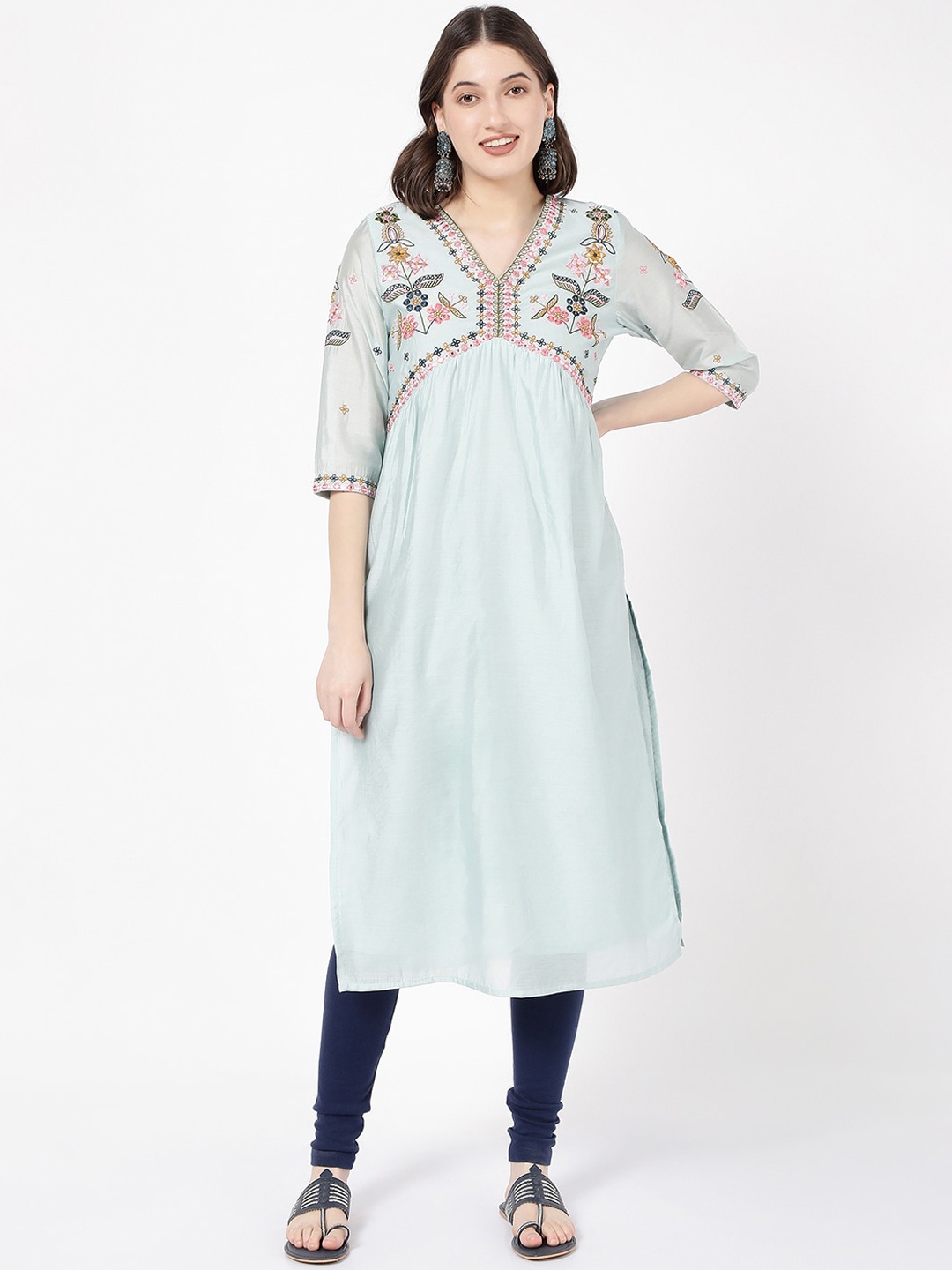 

R&B Floral Embroidered Straight Empire Kurta, Green